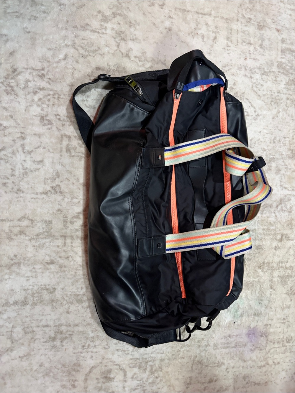 lululemon athletica Black Shoulder Duffel with Coral Zippers and Rainbow Straps